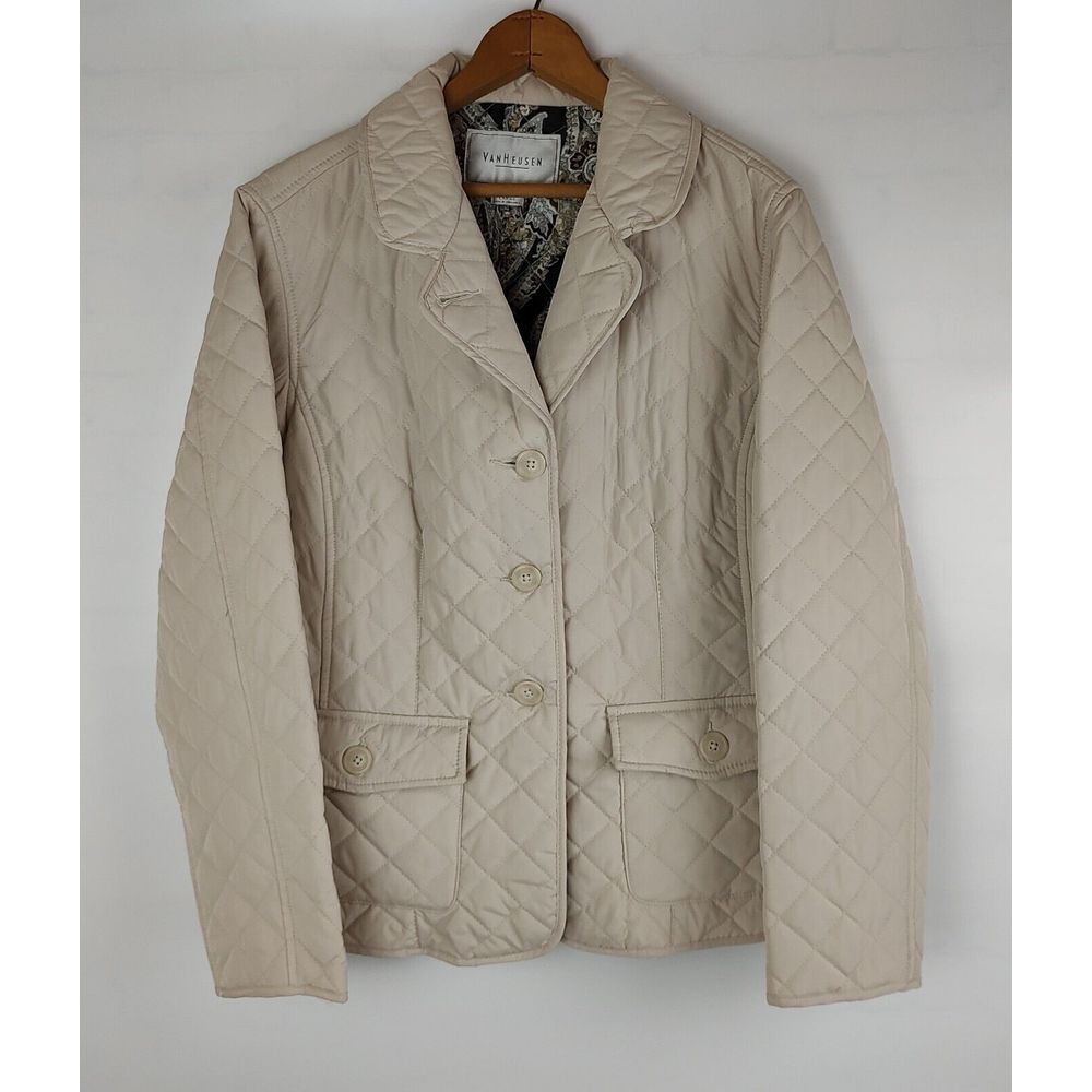 Van Heusen Womens Beige Diamond Quilted Button Front Barn Jacket Large Paisley